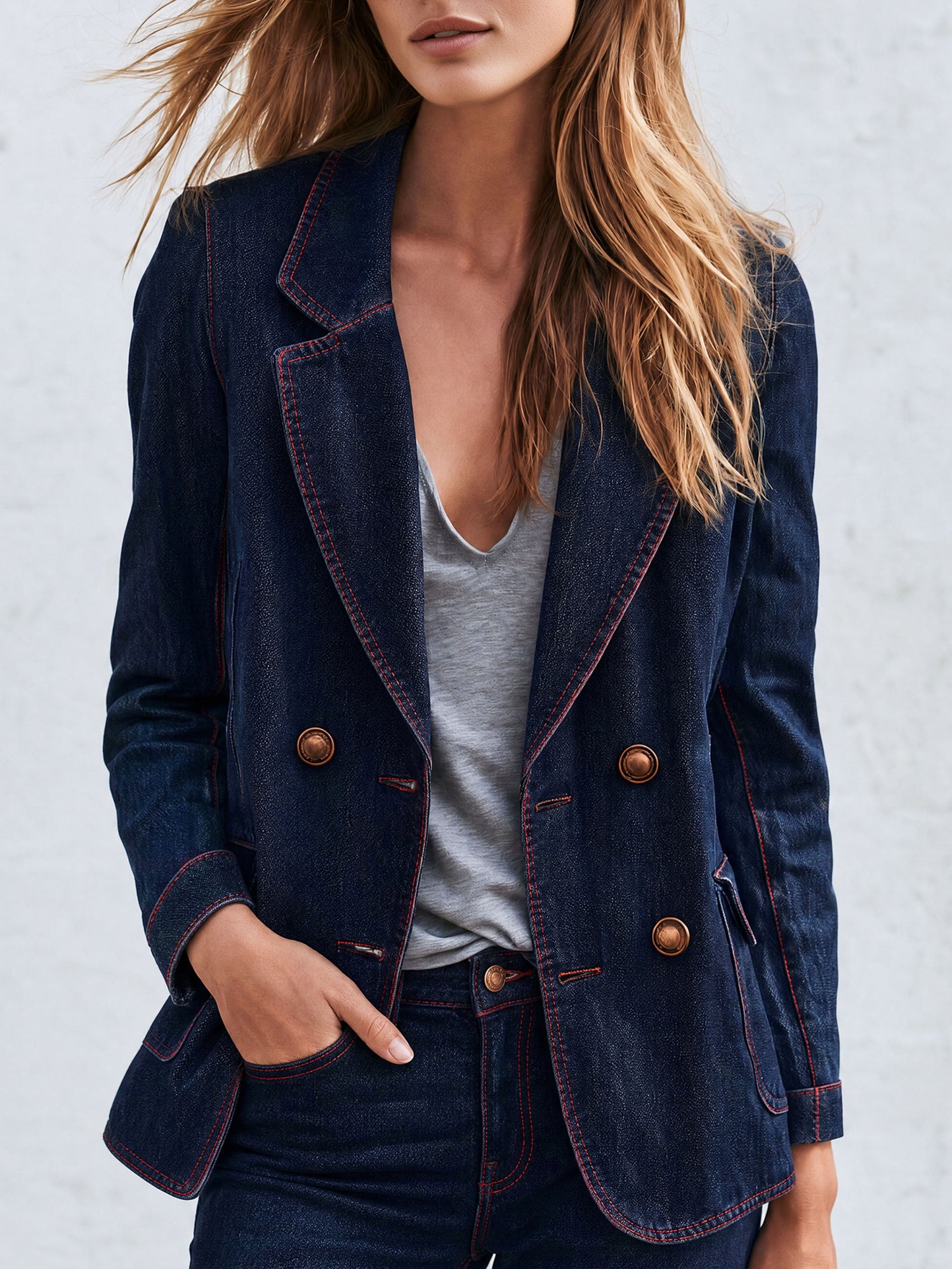 Casual Retro Red-stitched Navy Blue Denim Blazer