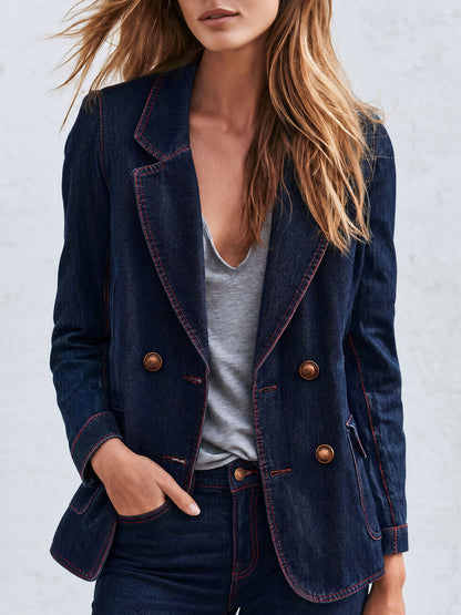 Casual Retro Red-stitched Navy Blue Denim Blazer