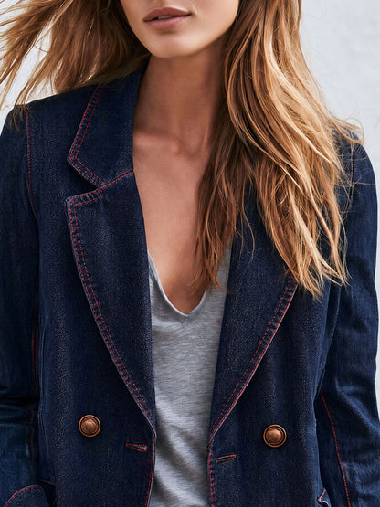 Casual Retro Red-stitched Navy Blue Denim Blazer