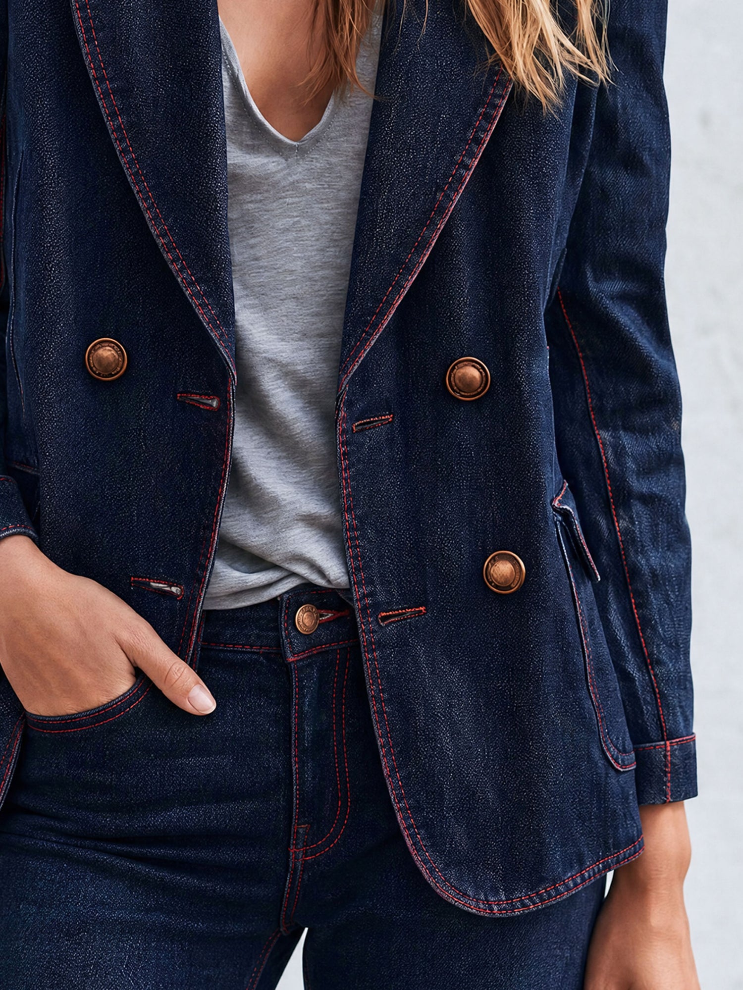 Casual Retro Red-stitched Navy Blue Denim Blazer