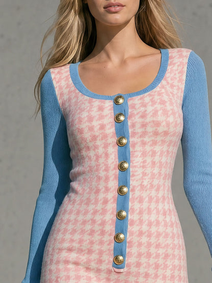 Retro-elegant Pink And Blue Color-blocked Houndstooth Knit Mini Dress
