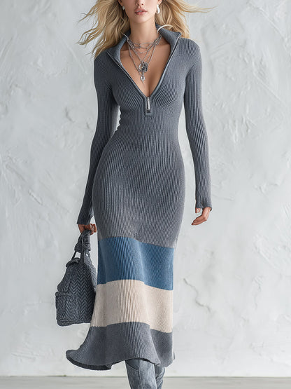 Cozy Urban Color-Block Grey Half-Zip Ribbed Knit Midi Dress