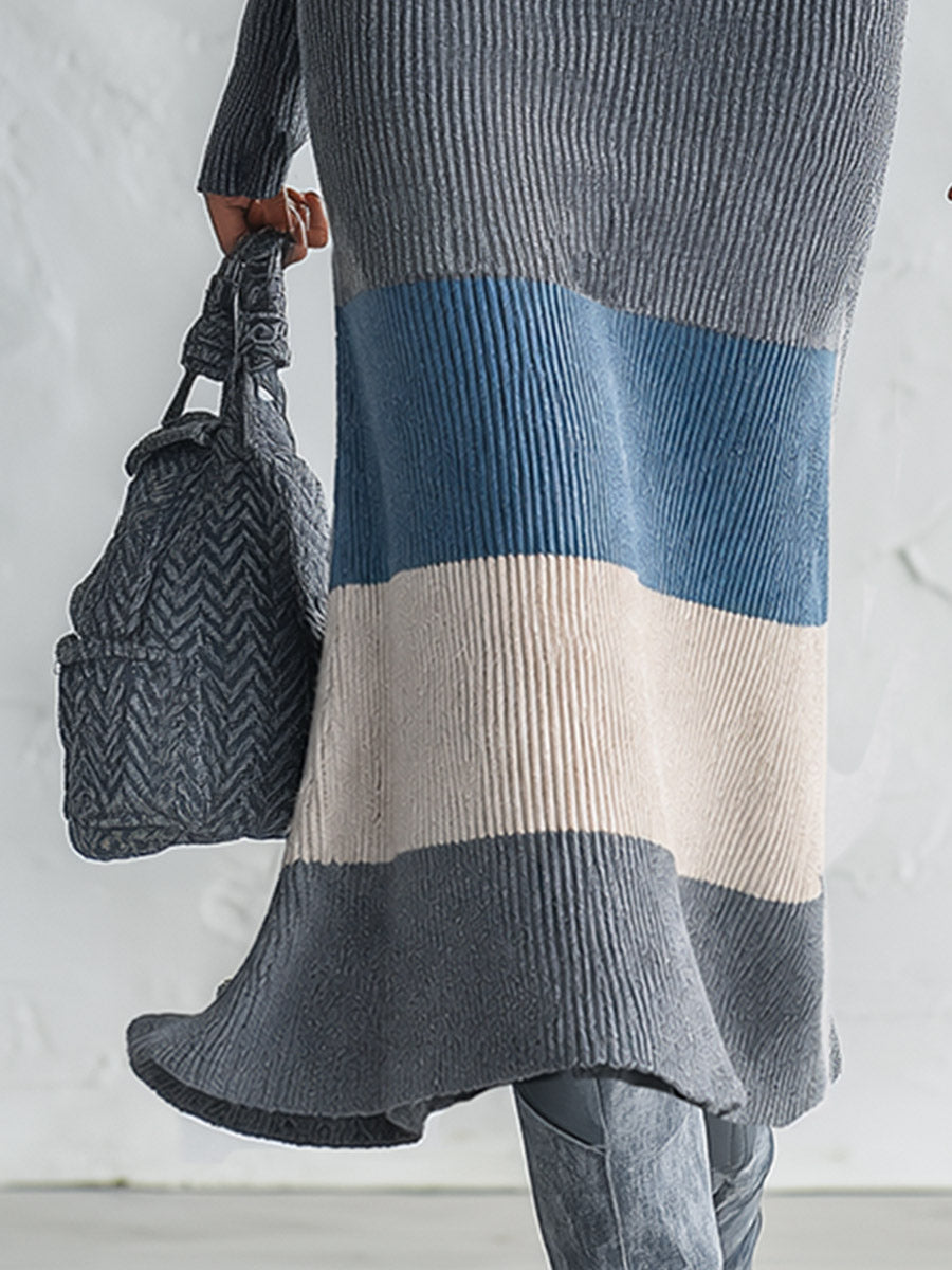 Cozy Urban Color-Block Grey Half-Zip Ribbed Knit Midi Dress