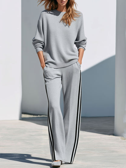 Casual Retro Striped Patchwork Gray Knit Crew Neck Pullover Pants Set