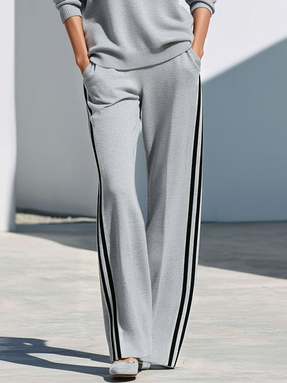 Casual Retro Striped Patchwork Gray Knit Crew Neck Pullover Pants Set