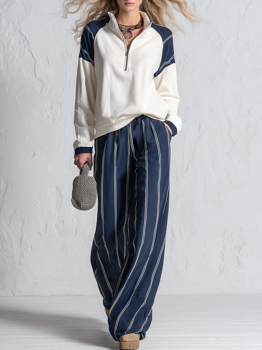 Casual Raglan-Sleeve Sweatshirt And Striped Sweatpants Set