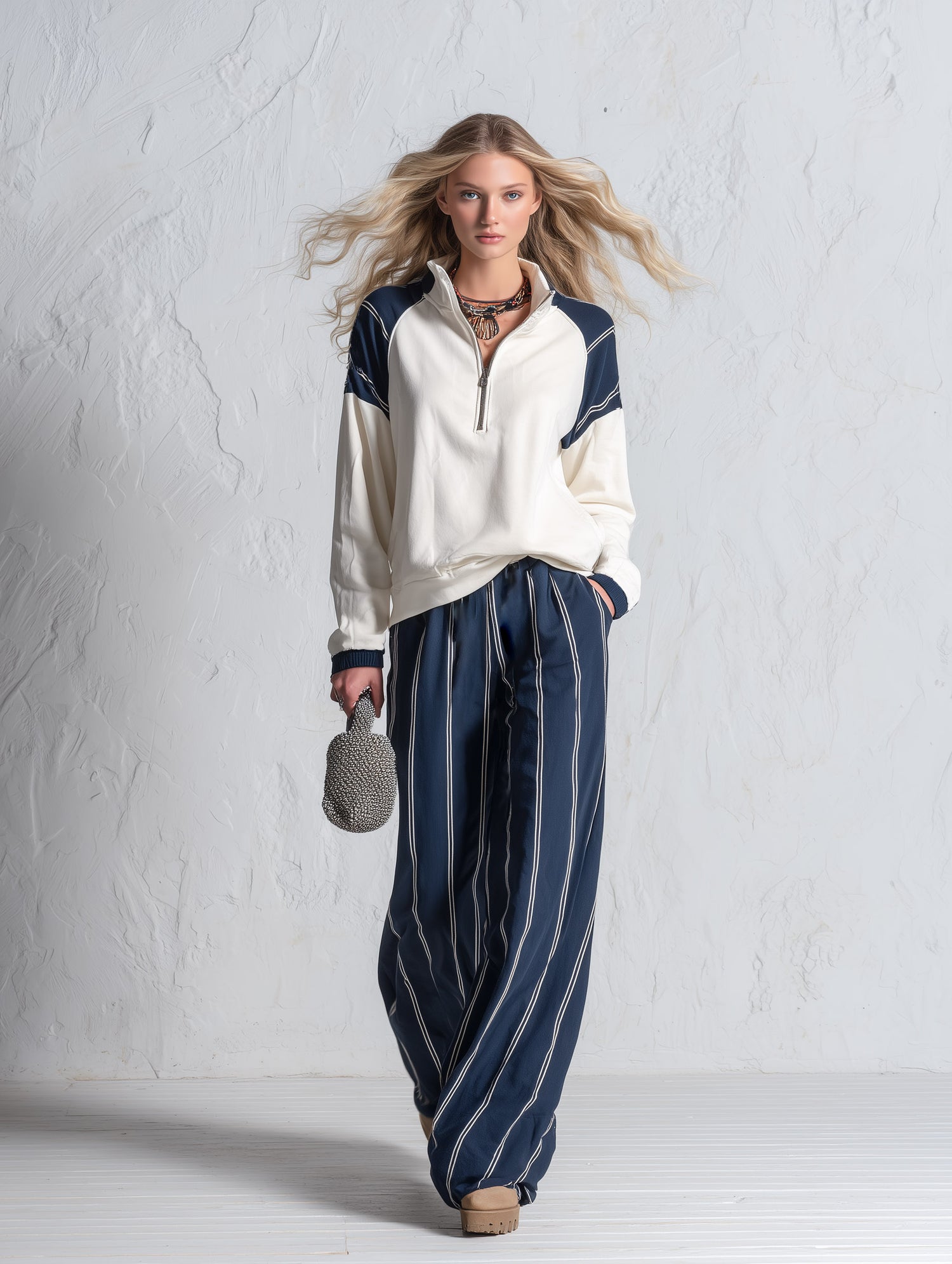 Casual Raglan-Sleeve Sweatshirt And Striped Sweatpants Set