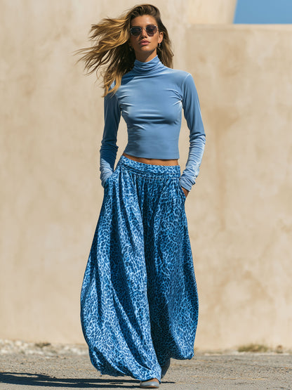 Stylish And Casual Blue Turtleneck Velvet T-shirt And Leopard Print Skirt Set