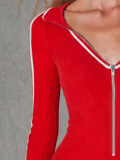 Casual Retro Color-blocked Trim Red Lapel Zip-up Knit Midi Dress