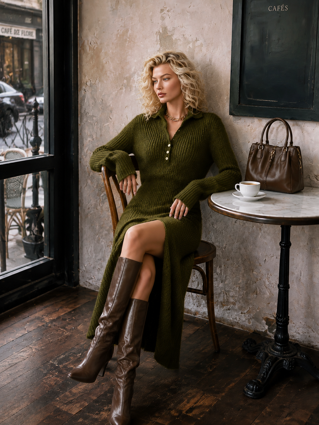 Vintage-style Collared Half-button Green Knit Maxi Dress