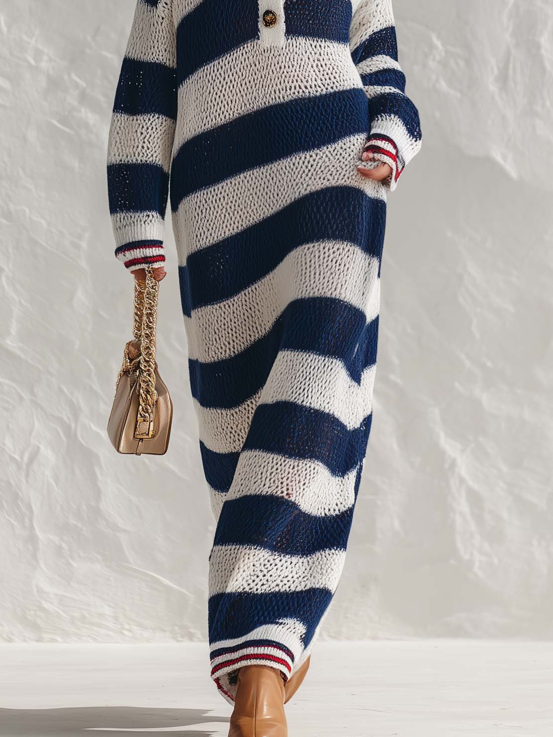 Lazy Sophisticated Collared Button-front Blue And White Striped Knit Maxi Dress