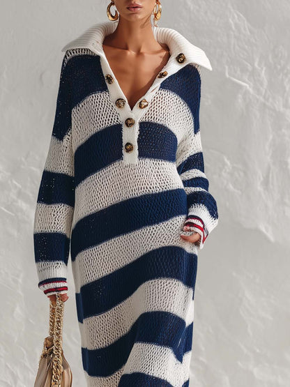 Lazy Sophisticated Collared Button-front Blue And White Striped Knit Maxi Dress