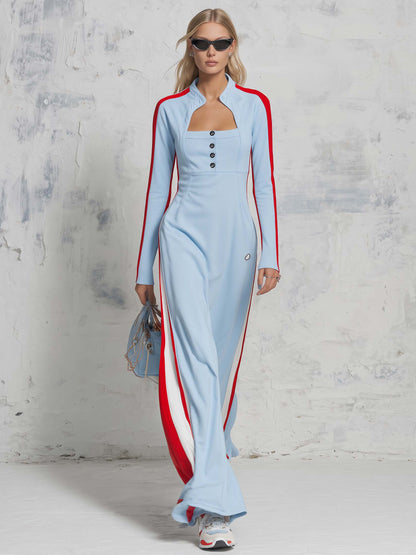 Retro Sporty Style Stand Collar Front Button Light Blue Cotton Maxi Dress