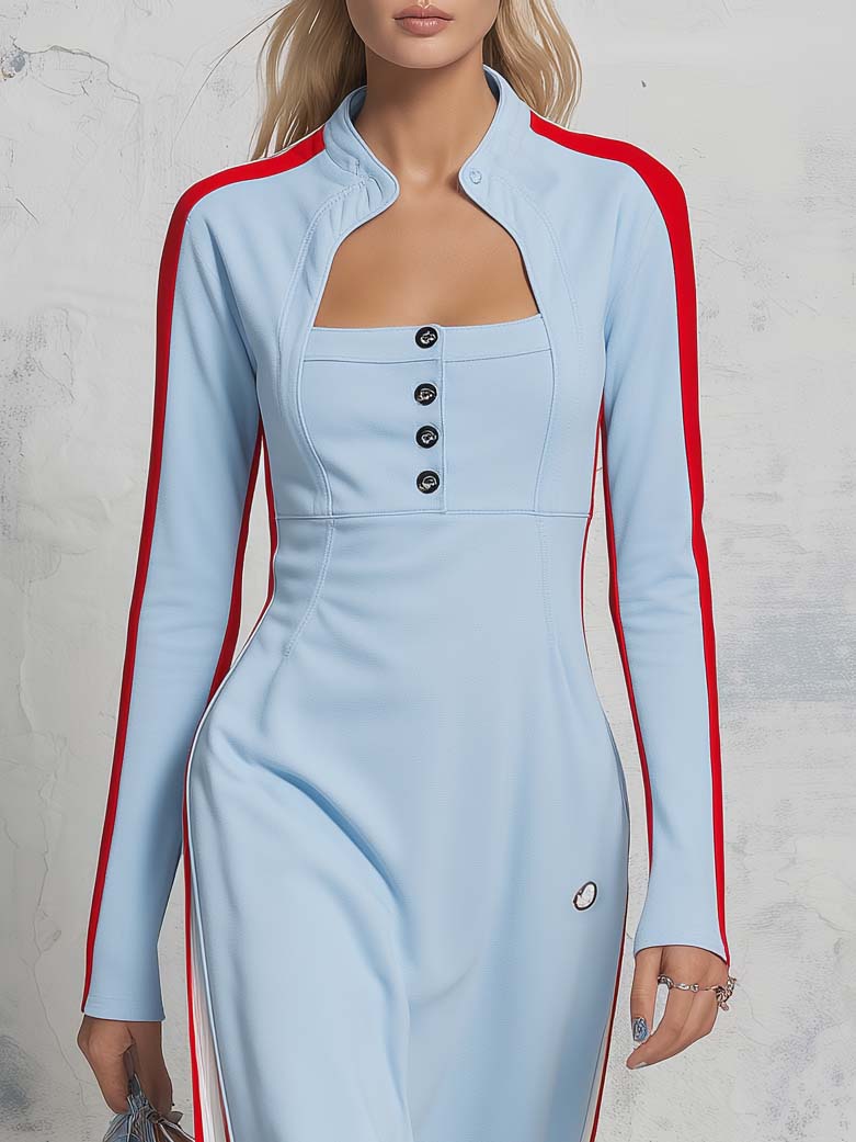 Retro Sporty Style Stand Collar Front Button Light Blue Cotton Maxi Dress