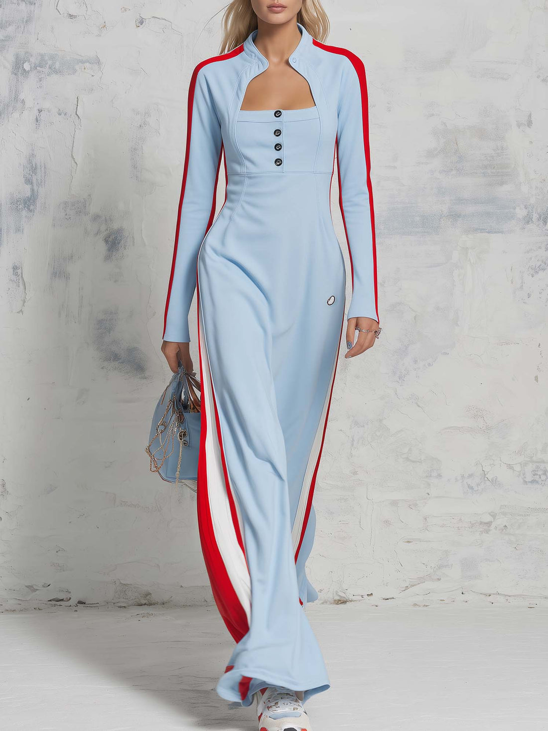 Retro Sporty Style Stand Collar Front Button Light Blue Cotton Maxi Dress