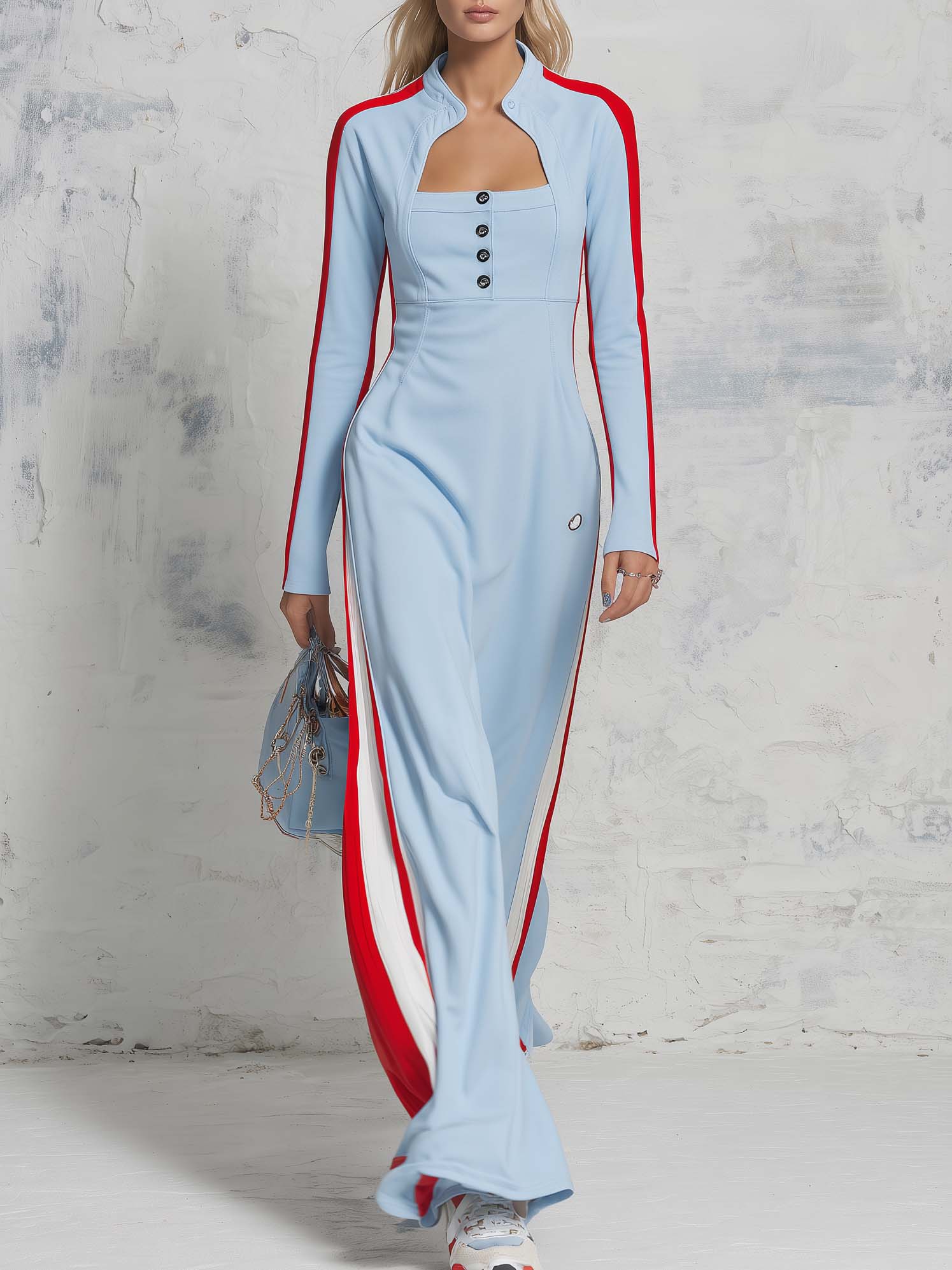 Retro Sporty Style Stand Collar Front Button Light Blue Cotton Maxi Dress