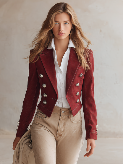 Vintage Double-breasted Metal-button Slim-fit Cropped Denim Blazer