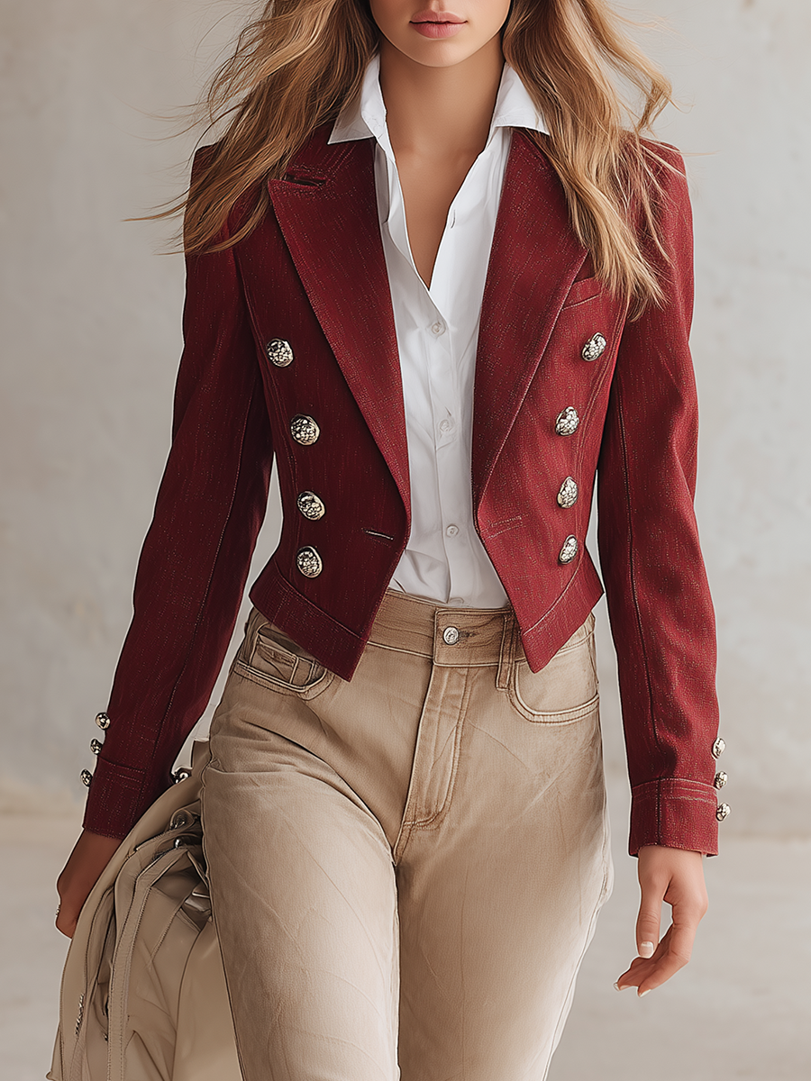Vintage Double-breasted Metal-button Slim-fit Cropped Denim Blazer