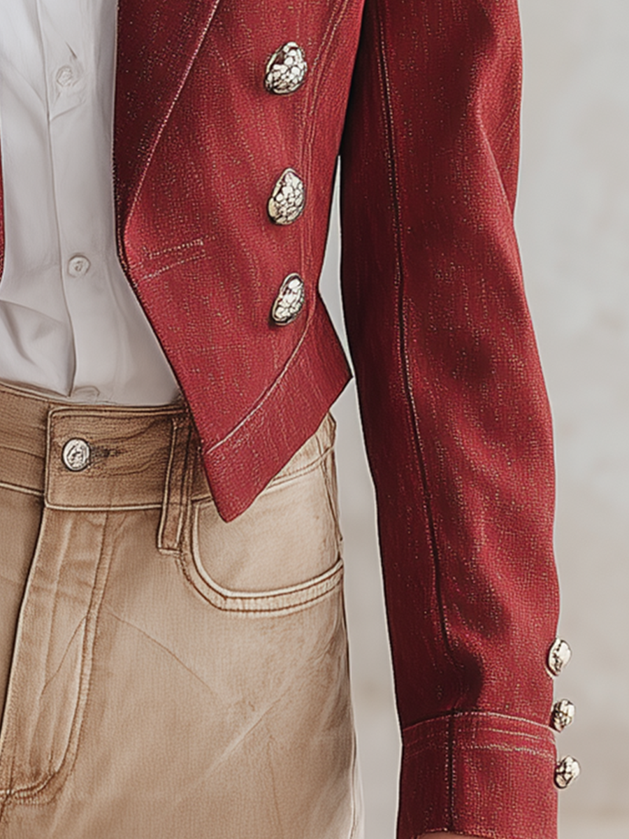 Vintage Double-breasted Metal-button Slim-fit Cropped Denim Blazer