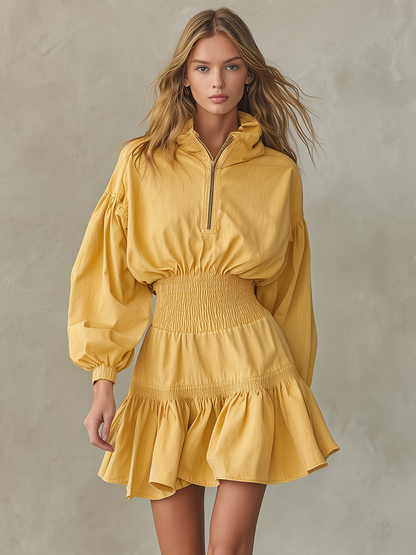 Casual Stand-collar Half-zip Gathered Cinched-waist Denim Dress