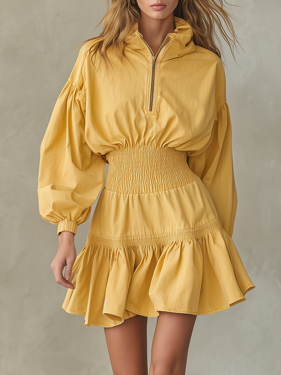 Casual Stand-collar Half-zip Gathered Cinched-waist Denim Dress