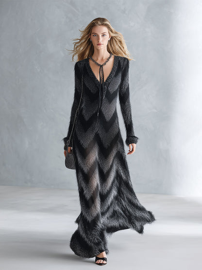 Cozy Fuzzy V-Neck Herringbone Knit Maxi Dress