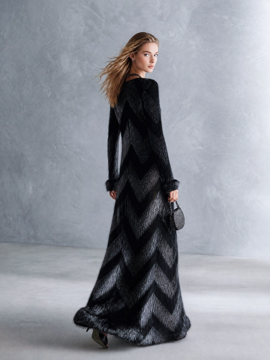 Cozy Fuzzy V-Neck Herringbone Knit Maxi Dress