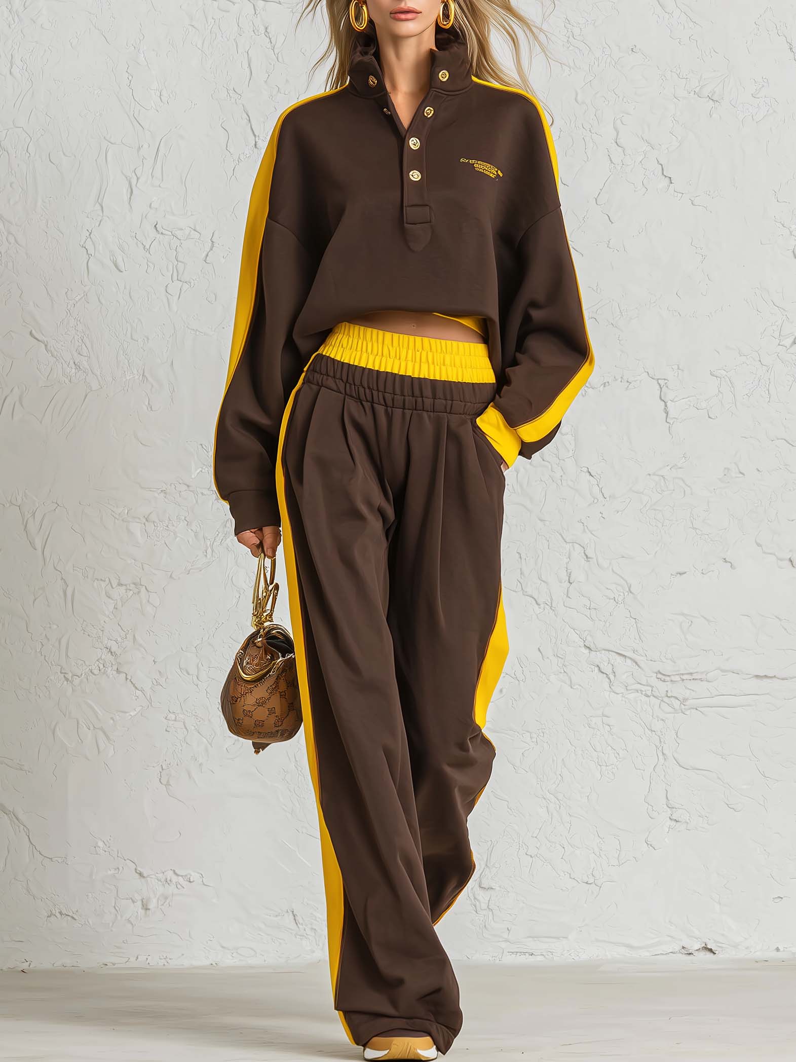 Retro Sportswear Dark Brown Cotton Stand-collar Top And Pants Set