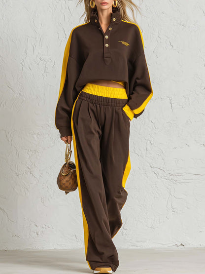 Retro Sportswear Dark Brown Cotton Stand-collar Top And Pants Set