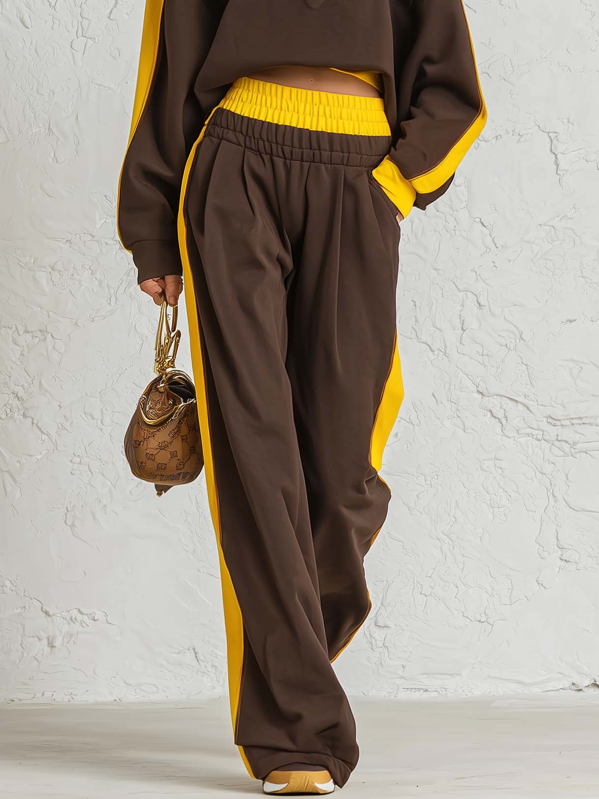 Retro Sportswear Dark Brown Cotton Stand-collar Top And Pants Set