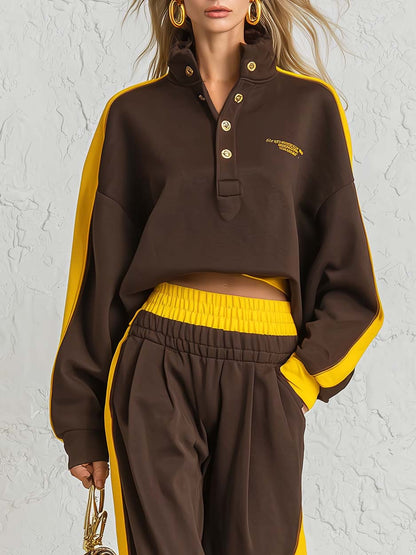 Retro Sportswear Dark Brown Cotton Stand-collar Top And Pants Set
