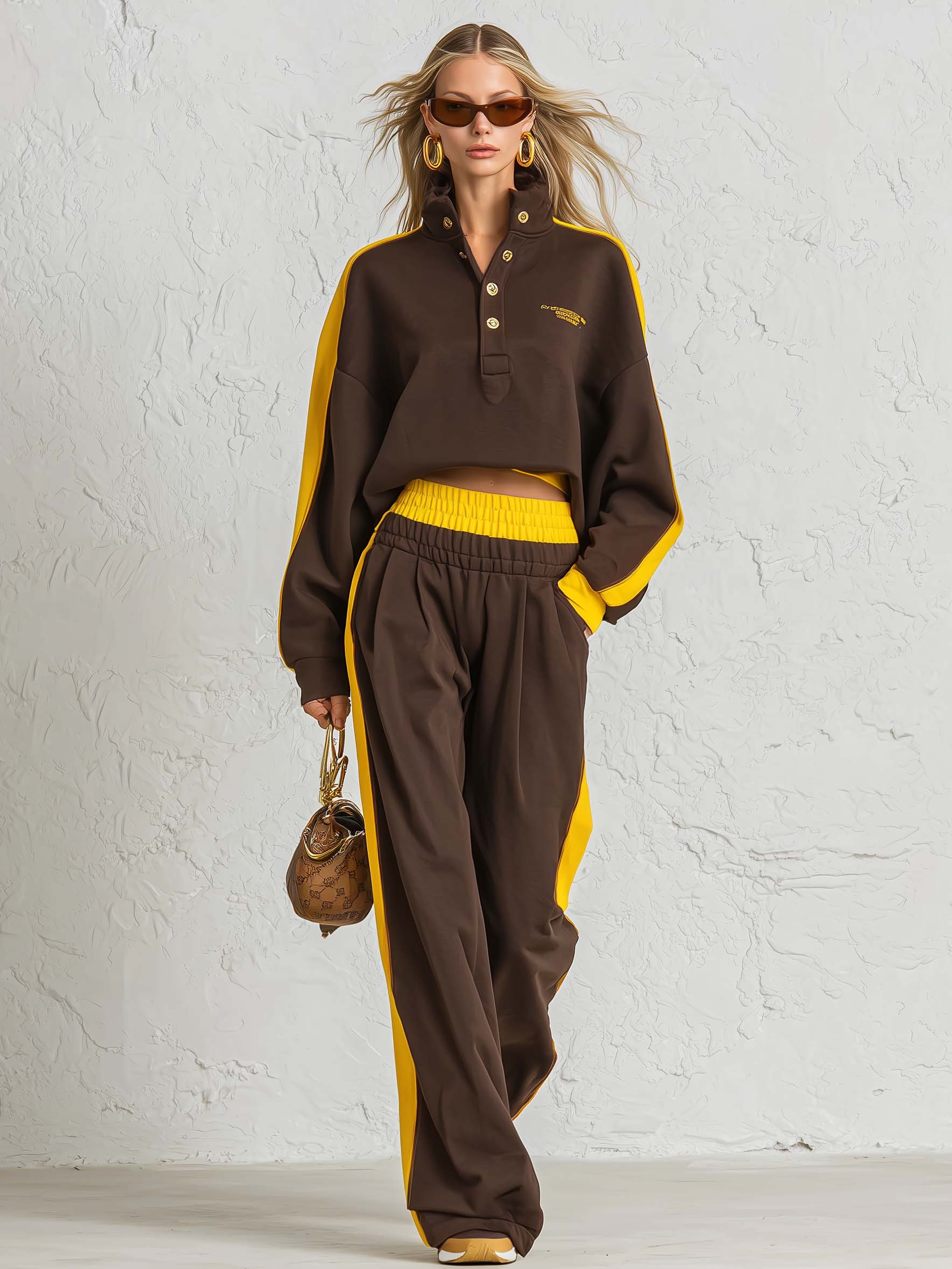Retro Sportswear Dark Brown Cotton Stand-collar Top And Pants Set