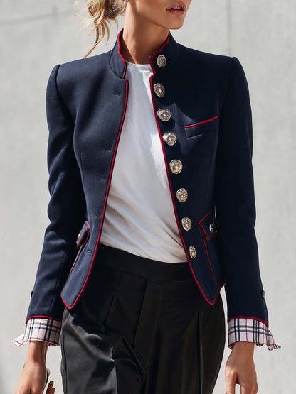 Elegant And Classic Stand Collar Checkered Cuffs Dark Blue Jacket
