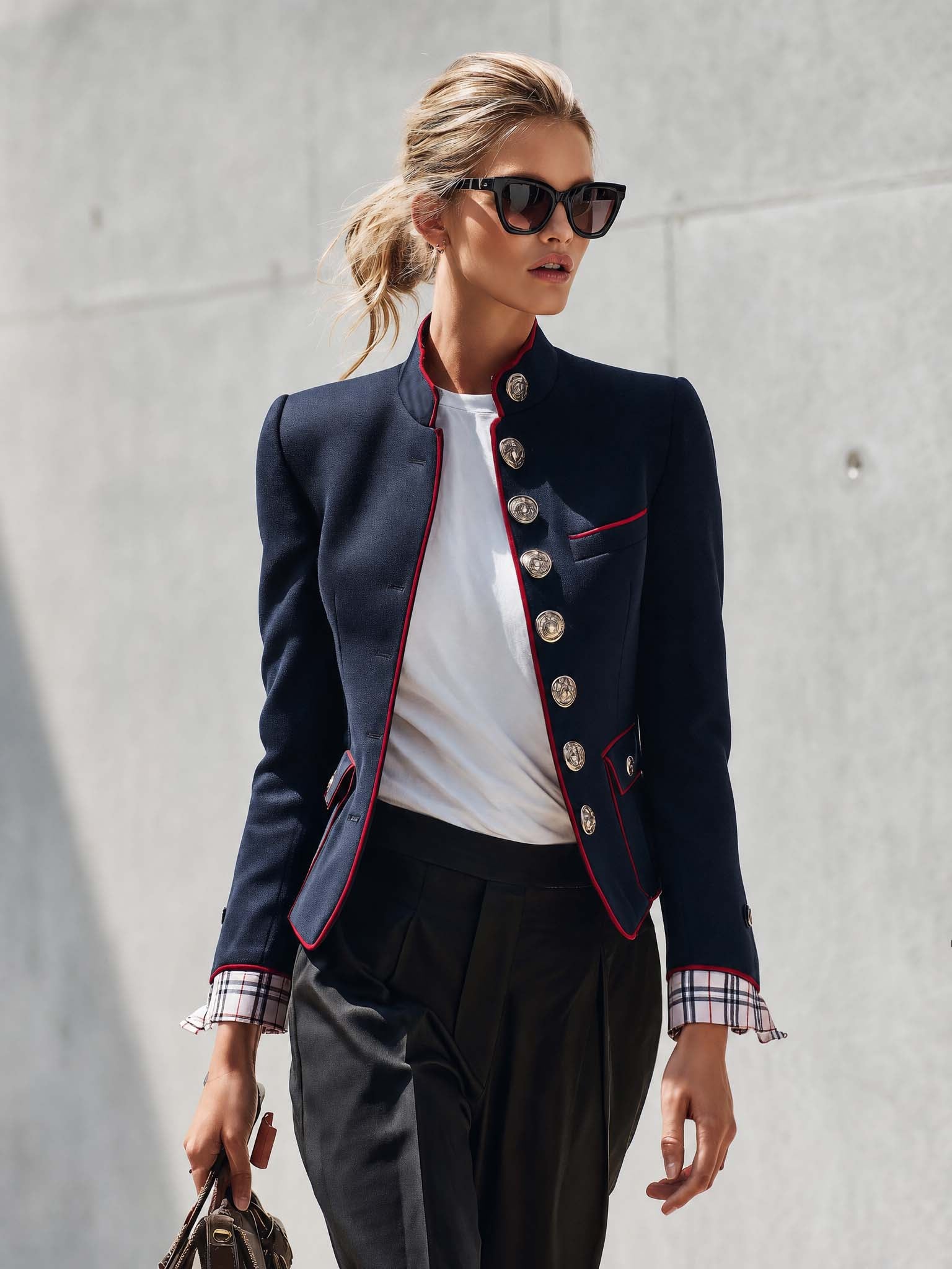 Elegant And Classic Stand Collar Checkered Cuffs Dark Blue Jacket