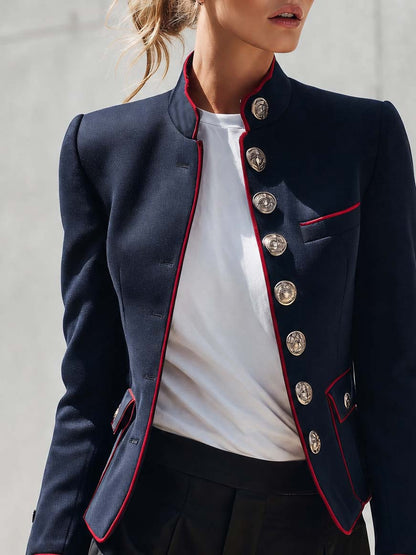 Elegant And Classic Stand Collar Checkered Cuffs Dark Blue Jacket