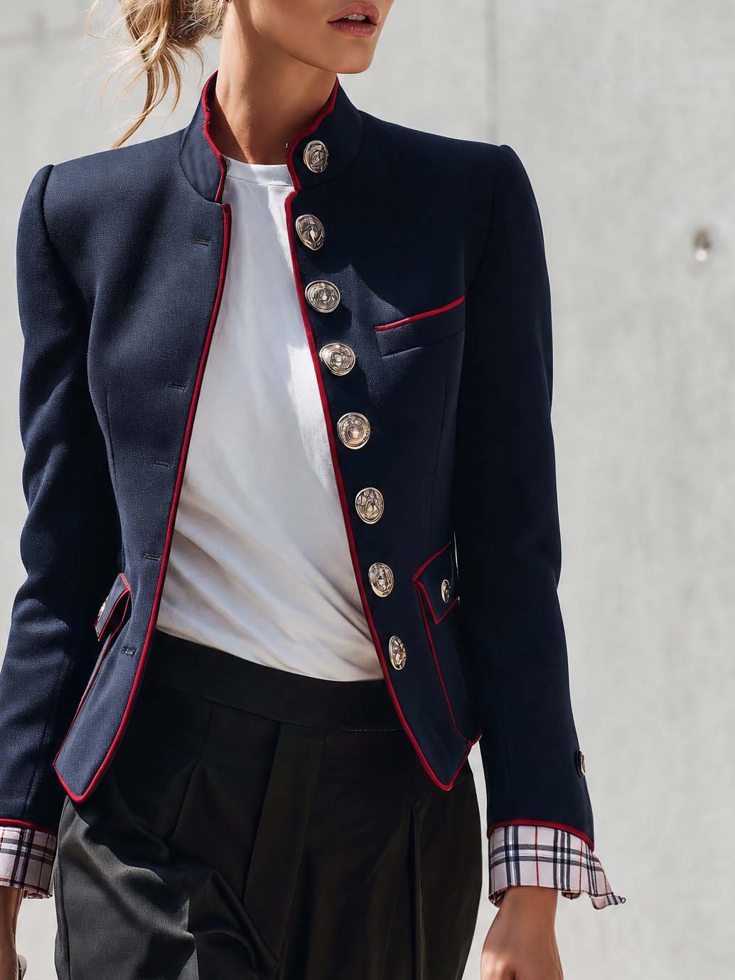 Elegant And Classic Stand Collar Checkered Cuffs Dark Blue Jacket