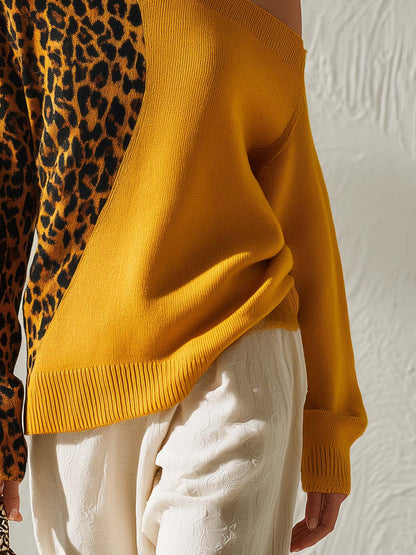 Elegant Retro High-Neck Off-Shoulder Contrasting Leopard Print Ochre-Yellow Knit Top
