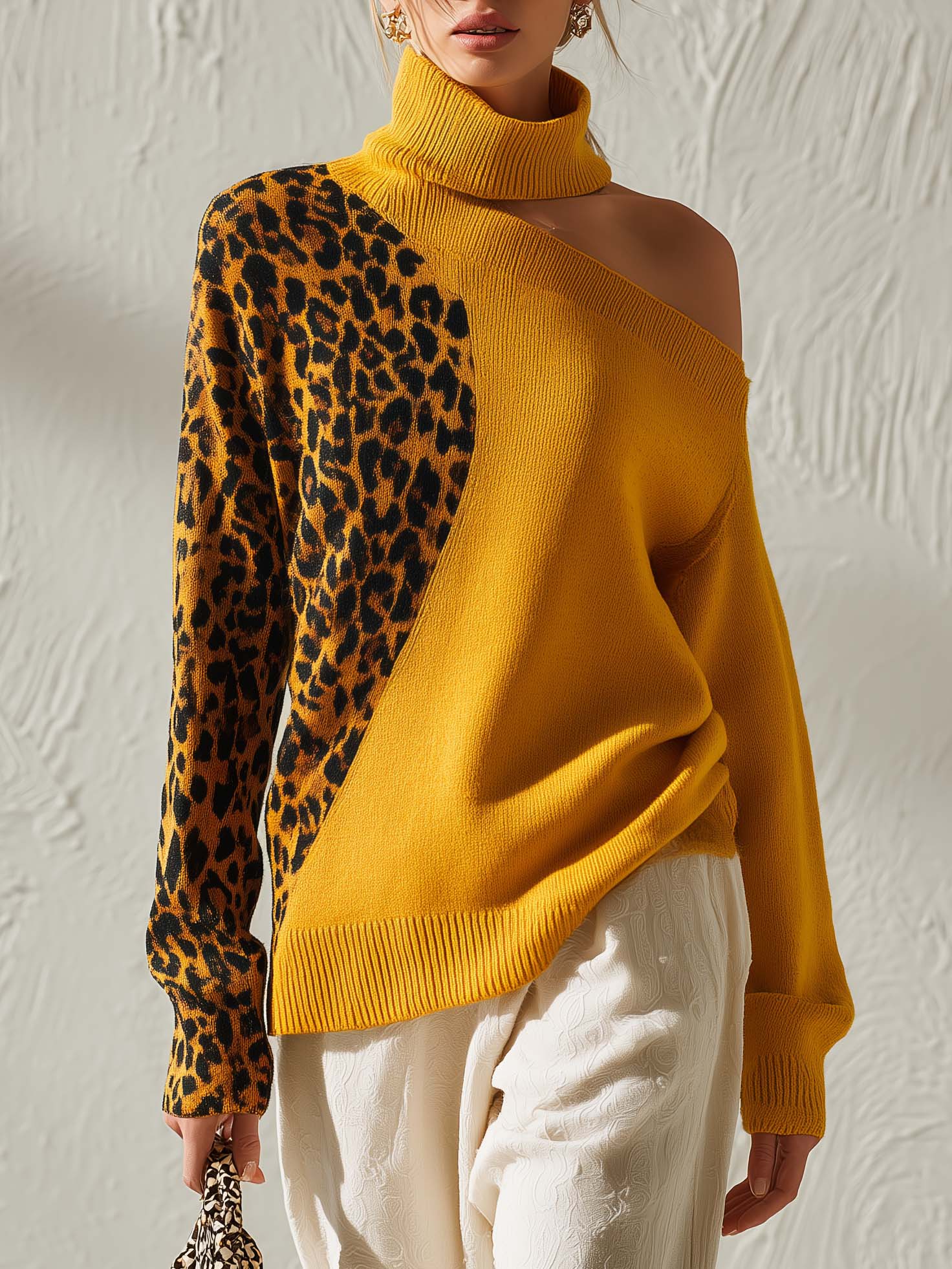 Elegant Retro High-Neck Off-Shoulder Contrasting Leopard Print Ochre-Yellow Knit Top