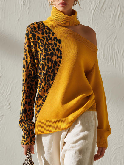 Elegant Retro High-Neck Off-Shoulder Contrasting Leopard Print Ochre-Yellow Knit Top