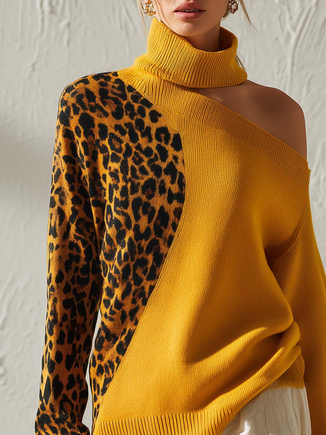 Elegant Retro High-Neck Off-Shoulder Contrasting Leopard Print Ochre-Yellow Knit Top