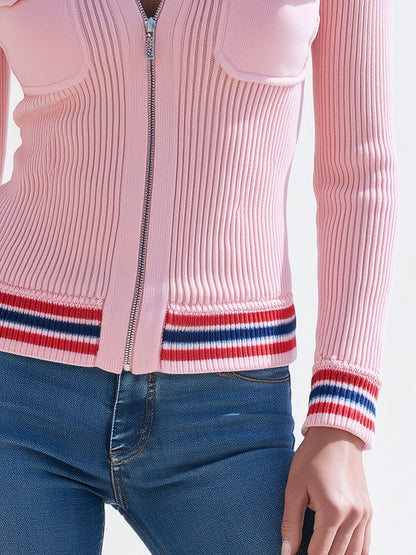 Stylish And Casual Striped Pink Knit Zip-up Jacket