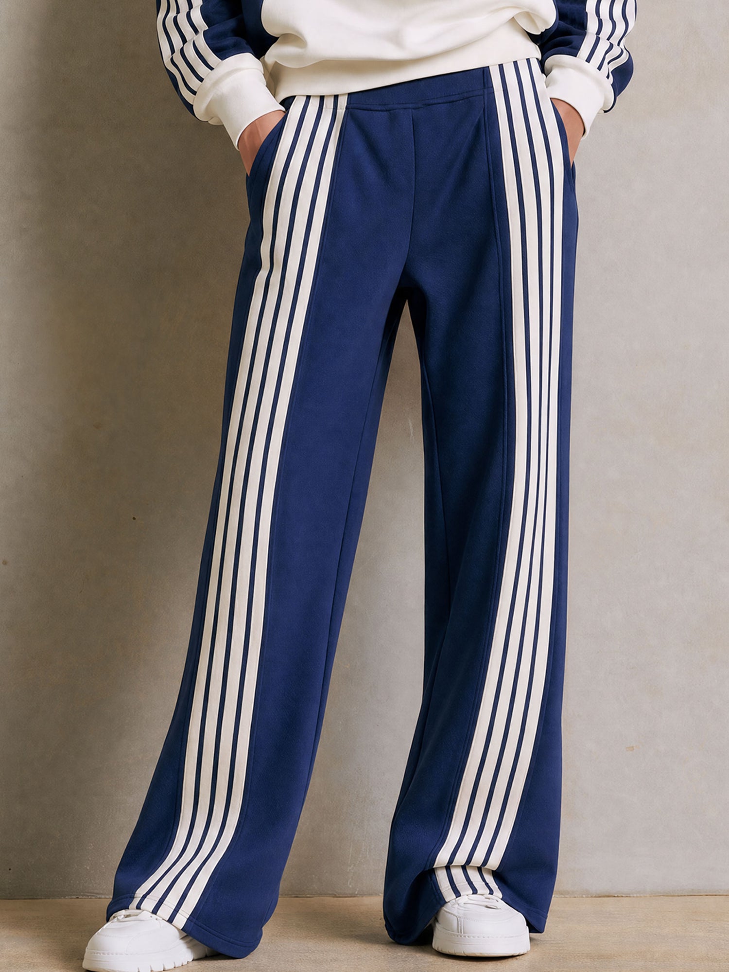 Sporty Casual Striped Half-zip Sweatshirt And Wide-leg Pants Set