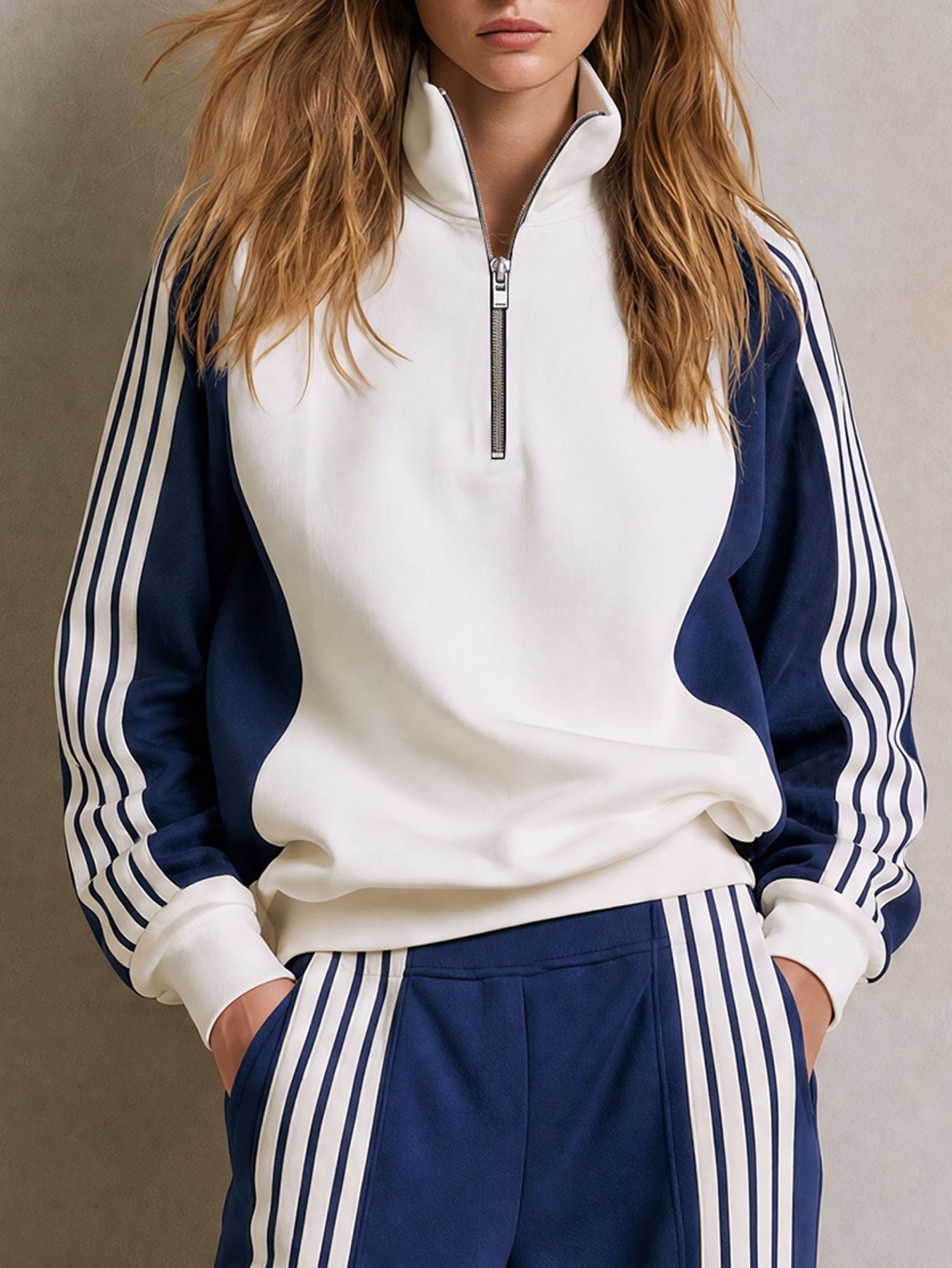 Sporty Casual Striped Half-zip Sweatshirt And Wide-leg Pants Set