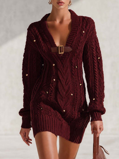 Fashion Burgundy Cable Knit Deep-V Gold-Stud Buckle-Detail Mini Sweater Dress