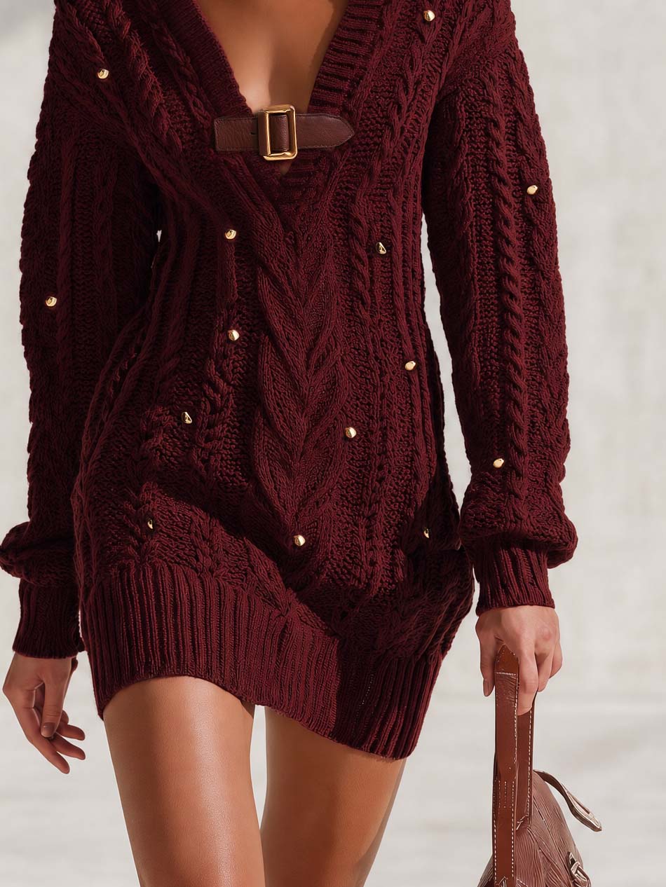 Fashion Burgundy Cable Knit Deep-V Gold-Stud Buckle-Detail Mini Sweater Dress