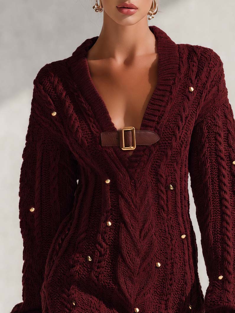 Fashion Burgundy Cable Knit Deep-V Gold-Stud Buckle-Detail Mini Sweater Dress