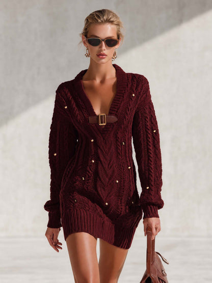 Fashion Burgundy Cable Knit Deep-V Gold-Stud Buckle-Detail Mini Sweater Dress