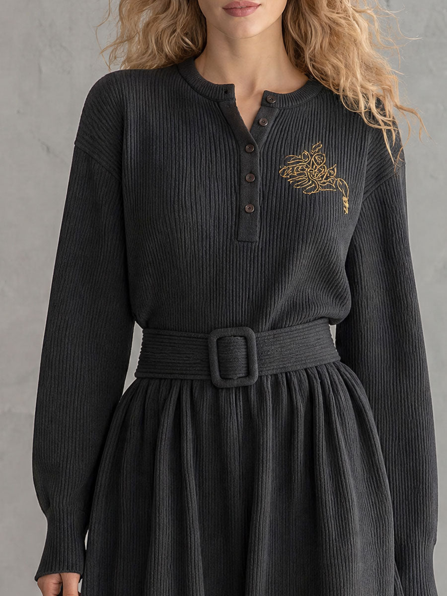 Vintage Elegant Embroidered Grey Henley Collar Belted Knit Maxi Dress