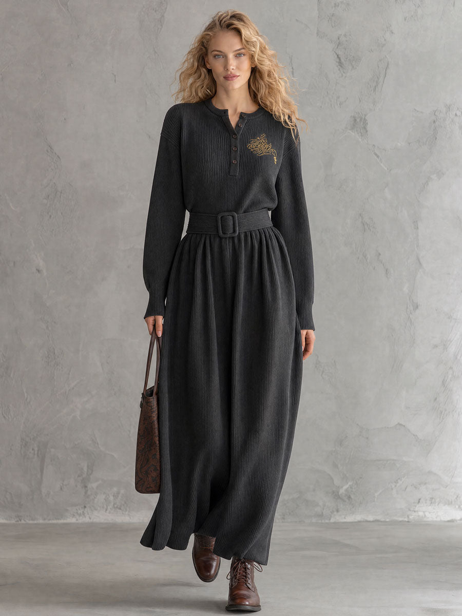 Vintage Elegant Embroidered Grey Henley Collar Belted Knit Maxi Dress
