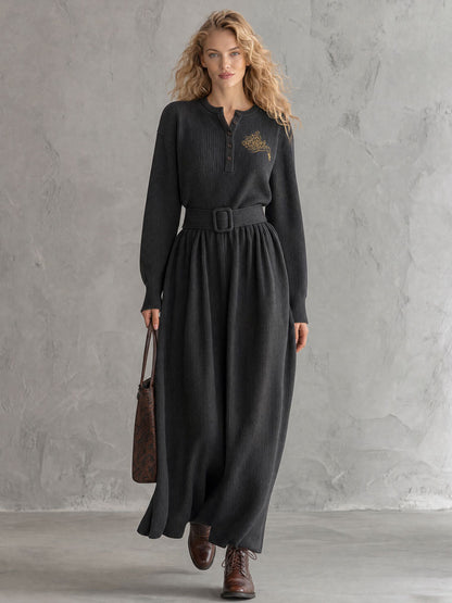 Vintage Elegant Embroidered Grey Henley Collar Belted Knit Maxi Dress